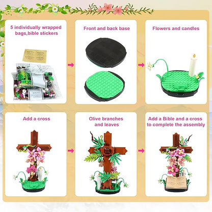 Jesus Cross Flower Building Set for Adults Decorative Cross Building Blocks Great Easter Christmas Christian Birthday Gifts for Mothers Women Adults (363 PCS)