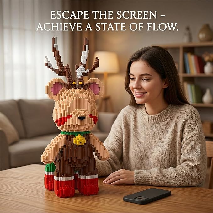 16.53 Reindeer Teddy Blocks Bear Building Bricks Set Challenge for Adults Ages 14+ Collectible Home Decor for Bedroom Office or Book Shelf Keep Busy Relaxing Activity Gift Birthday