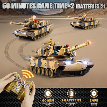 1/24 RC Tank Remote Control US M1A2 Abrams Army Model Tank with Sound Effects Lights and Smoke 2.4G Military Model Toy for Kids Perfect Birthday for Boys 6+ Years Old