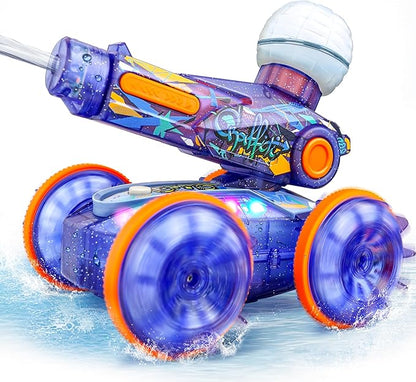 BEZGAR Pool Toys for Kids Amphibious Remote Control Car Toys for Ages 6-8 RC Stunt Car with Water Gun for Boys and Girls 8-12 Remote Control Boat with Light(Blue)