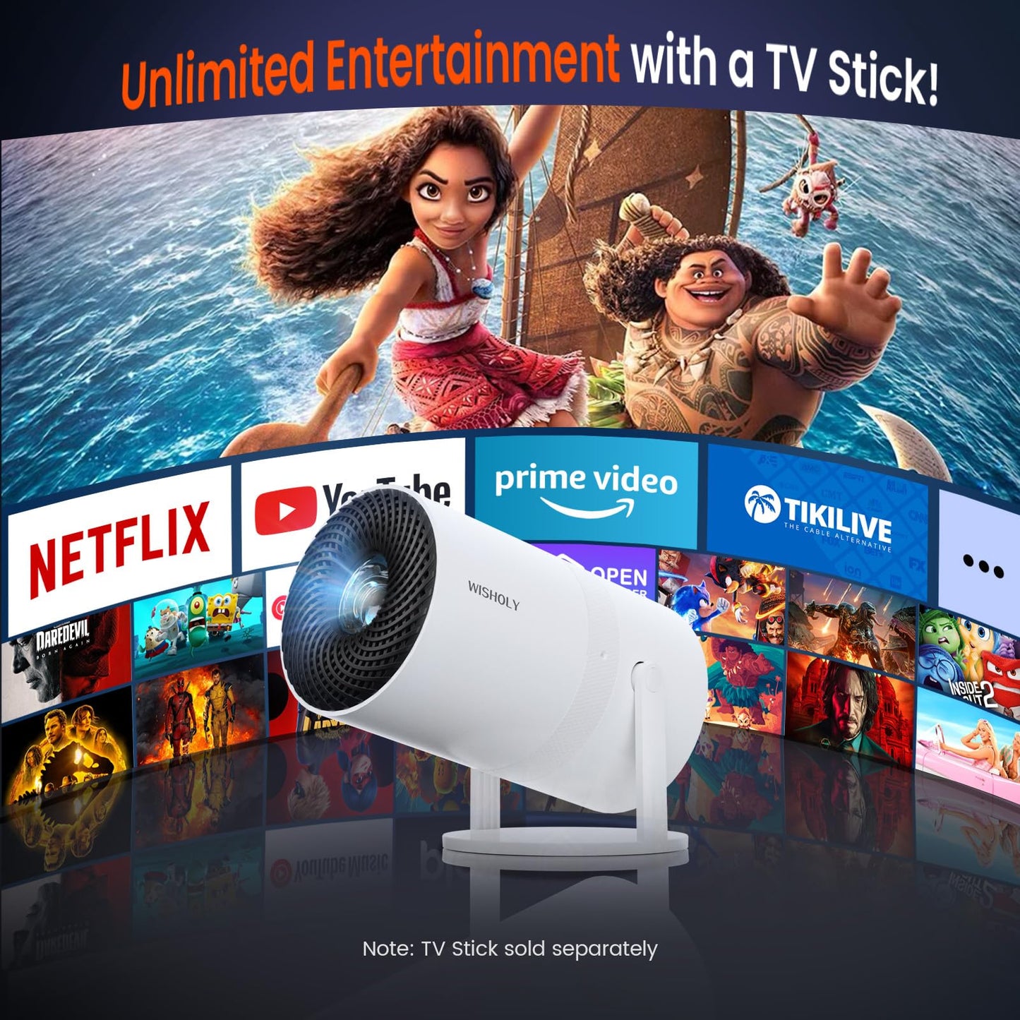 WISHOLY Mini Projector with WiFi and Bluetooth, Portable Movie Projector with 180° Rotatable, 1080P HD Supported, Auto Vertical Keystone, Compatible with Smartphone, TV Stick, Laptop, HDMI, USB