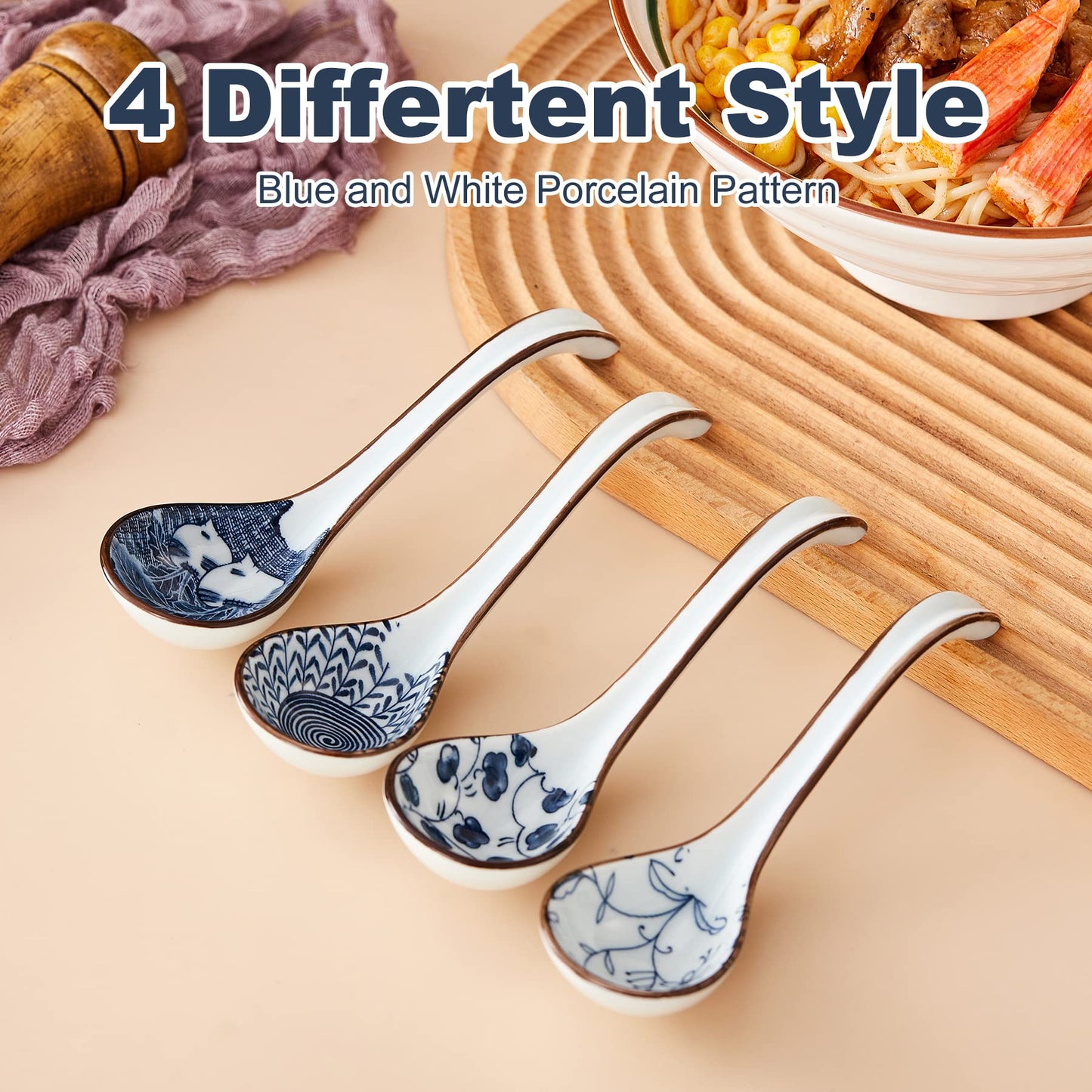 Ceramic Asian Soup Spoons, Easy to Hold, Long Handle Perfect Depth Spoon Set for Japanese Ramen Noodles, Chinese Dumpling, Pho, Miso, Wonton, Dishwasher Safe -Set of 4 - Blue