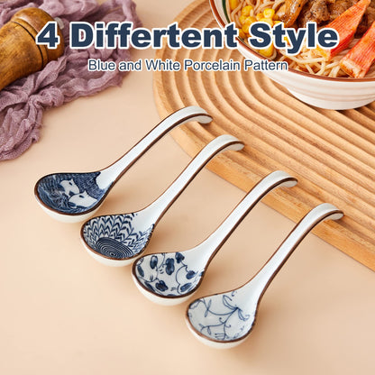 Ceramic Asian Soup Spoons, Easy to Hold, Long Handle Perfect Depth Spoon Set for Japanese Ramen Noodles, Chinese Dumpling, Pho, Miso, Wonton, Dishwasher Safe -Set of 4 - Blue