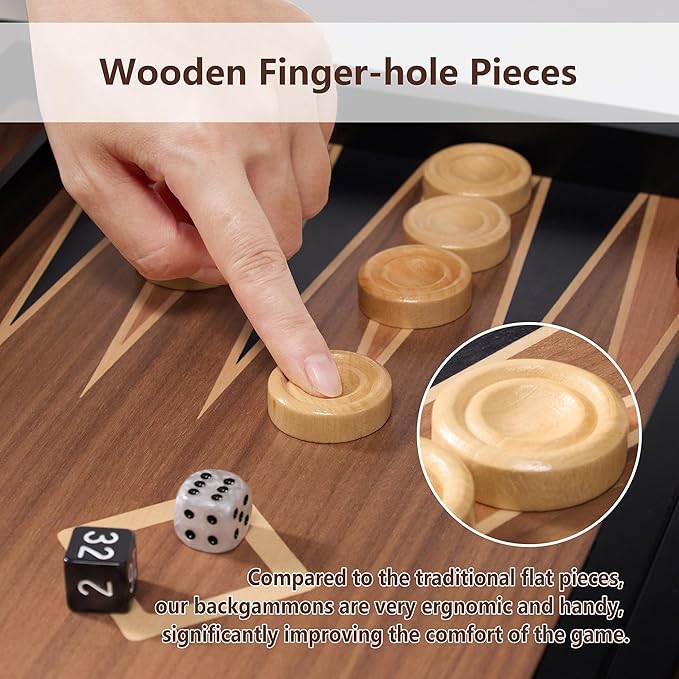 Wood Backgammon Set for Adults – 15 Inch Classic Board Game Case - Premium Folding Backgammon Set with Oversize Wooden Playing Pieces Dices - Portable Travel Backgammon Game Set for Adults