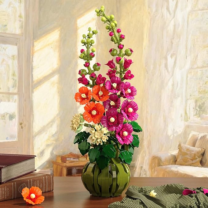 Flowers Botanicals Alcea Rosea Building Set for Adults - Artificial Bonsai Plant for Home Office Décor 974PCS Flower Building Block Indoor Decoration Birthday Easter Gift for Wife Women