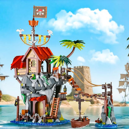 Pirate Cabin Building Sets for AdultsPirate's House with Bridge and Ship in IslandMedieval Castle Skull Building Block Toy for Home DecorIdeal Gift for Men Teens Kids Boys 8+(1044PCS)