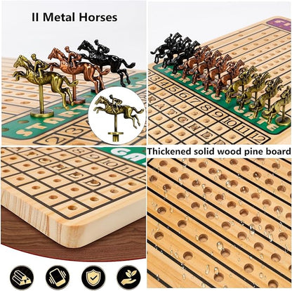 21 in Horse Race Board Game Racing Game Thickened Solid Wood with 11 Metal Horses 2 Cards &amp 4 Dice Horse Racing Game for 2-6 Players