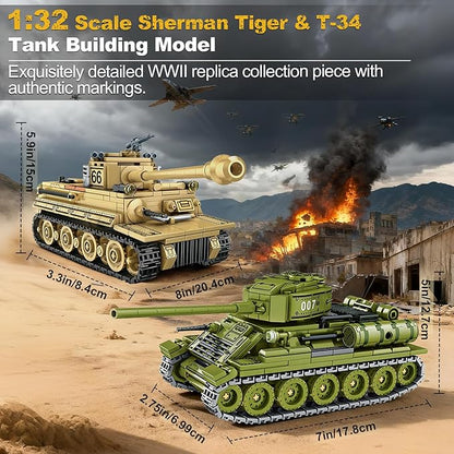 Sosuy WW2 Building Block Army Tank-Sets for Boys Men 1:32 Movable German Tiger &amp Soviet T-34 Military Toys for Kids Ages 8+ Mini Cannon Vehicle Model History Birthday Gifts for Teen Girls 1030 Pi