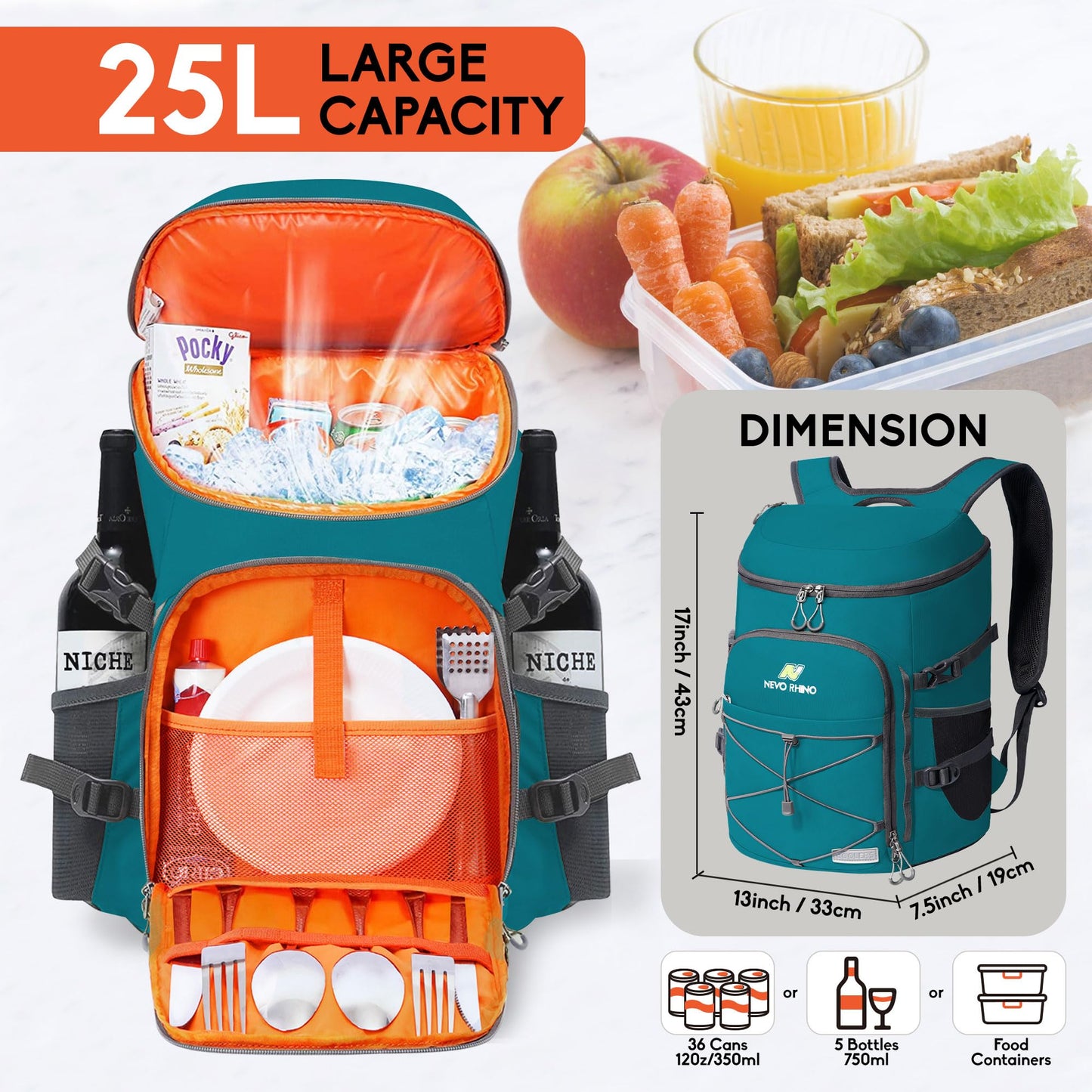 N NEVO RHINO Backpack Cooler, 36 Cans, Insulated, Waterproof, Leakproof, Large Capacity, Multiple Pockets, Green