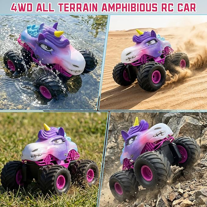 Unicorn RC Car for Girls 1:18 Amphibious Off-Road Remote Control Truck with LED Lights All-Terrain Monster Vehicle 2.4GHz High Speed Crawler Hobby Toy with 2 Batteries Birthday Gift Toys for Kids 6-12