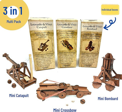 PATHFINDERS Leonardo Da Vinci weapons mini model kits catapult crossbow bombard set of 3 Engineering kits Educational Toys for Kids Science kit for Kids Age 8-10 10-12 stem Projects Wood Building Kits