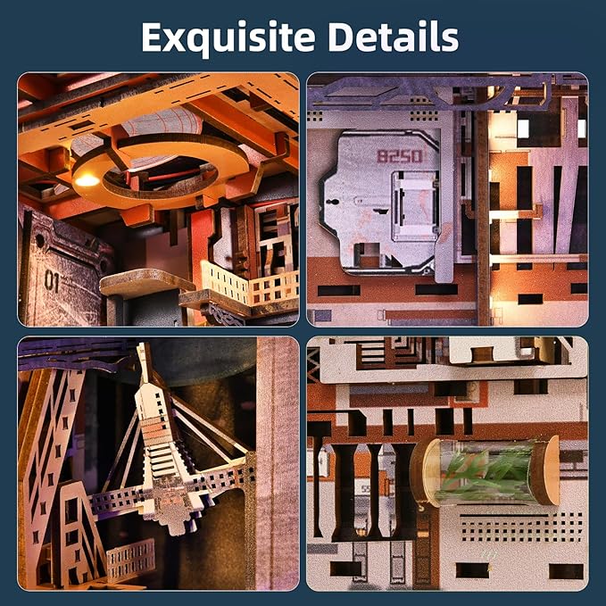Book Nook Kit DIY Doll House Booknook Miniature Kit for Bookshelf Doll Houses for Adults Teen Halloween 3D Wooden Puzzle Bookends with Led Light and Dust Cover (Aerospace Foundry)