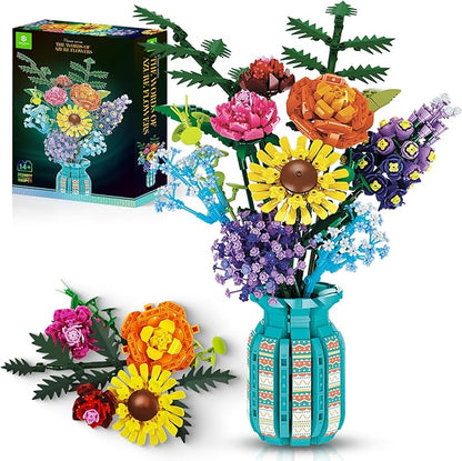 Flowers Bouquet Toys Building Blocks Set with Vase Roses Sunflower Hyacinth Hydrangea Artificial Plants for Adults Teen Girls Home Office Decor- 1853pcs