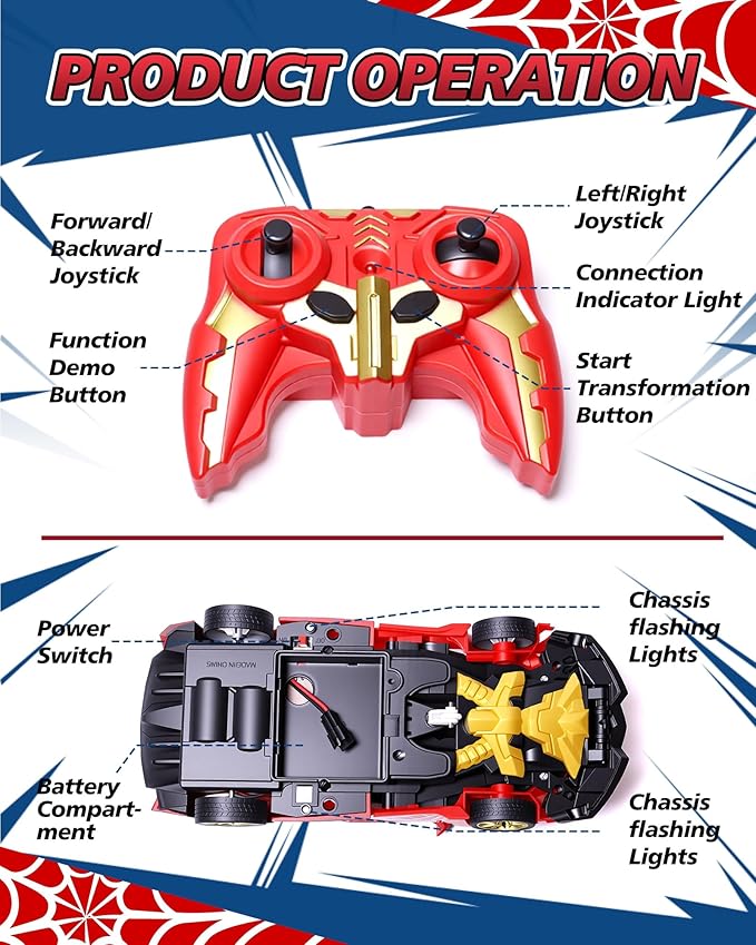 Spider RC Transforming Robot Hobby Cars - Remote Control Car for Toddler 1:18 Scale 360° Rotation 2.4 Ghz Remote Electric Vehicles Fight Toys for 3+ Years Old Children as Birthday Gift