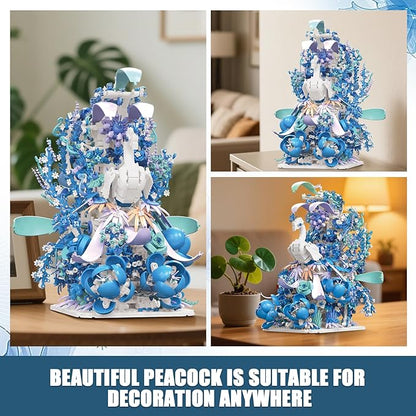 Blue Flowers Peacock Building Set for Adults - Creative Animal Botanicals Peacock Bird Toy Home Office Art Deocr Compatible with Lego for Women Mom (2470 PCS)