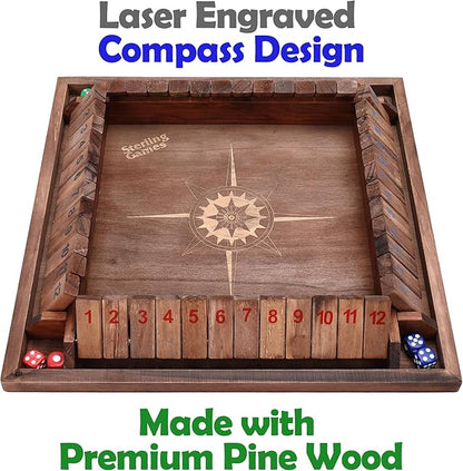 Sterling Games 12 Inches Shut The Box Game for 4 Players Family Dice Game with 12 Numbers Box Nautical Themed Large Wooden Game Board