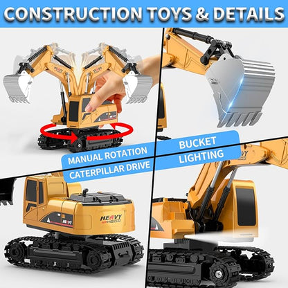 Remote Control Excavator and Dump Truck Toy Set - RC Construction Vehicles Toy with Barricades Road Signs Simulated Rocks Lights and Sounds Present for Toddlers 3-12 Year Boys Girls