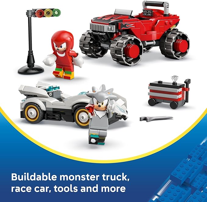 LEGO Sonic The Hedgehog Silver’s Car vs. Knuckles’ Monster Truck Building Toy for Boys &amp Girls - Racing Playset W/Silver &amp Knuckles Minifigures for Kids Ages 8+ - Gift Idea for Birthdays - 77