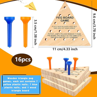 16 Packs Wooden Peg Game Tricky Triangle Peg Board Game Family Wood Puzzles Strategy Toy for Kids Adult Family Travel Gathering Jump Games