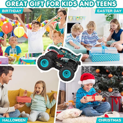 DYODYORC Remote Control Car 2.4Ghz All Terrain Dinosaur Monster Truck Toys RC Truck with Music 3 Lighting Effects 360 Stunt Capable 2 Batteries Ready to Run Toy Gifts for Boys and Girls (Cyan)