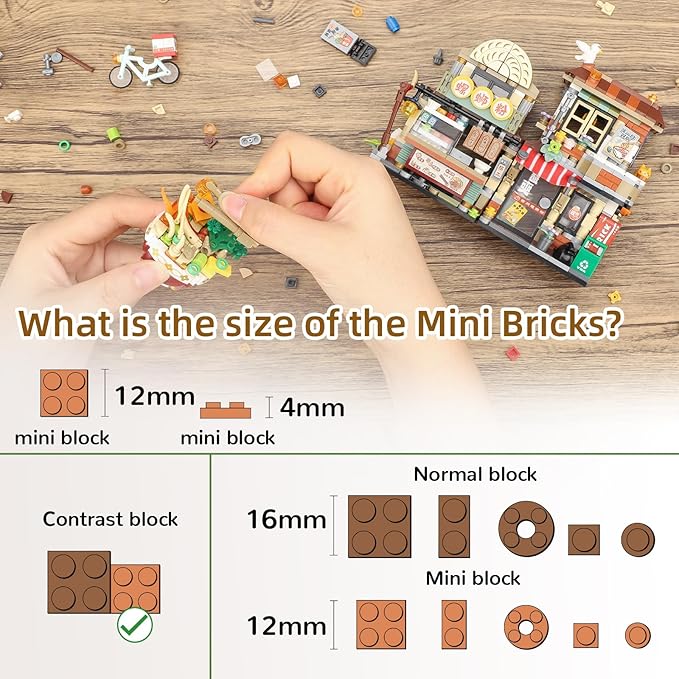 Street View Noodle Shop Mini Building Blocks MOC Creative Building Toys Model Set for Girls 7-9 Years Old 870 PCS Simulation Architecture Construction Toy Gift Idea for Kids Adults