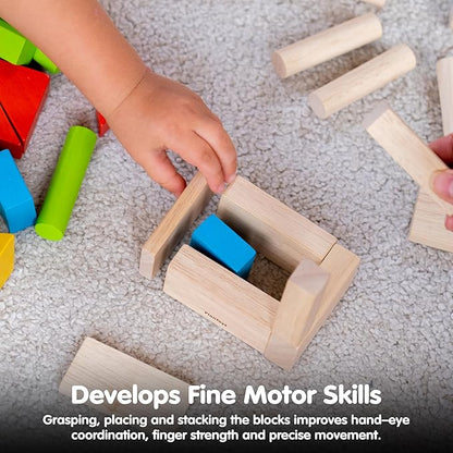 PlanToys® 40 Unit Blocks Wooden Montessori Building and Stacking Toy | Early STEM Fine Motor Creativity and Problem Solving Activity | Eco Friendly Educational Open Ended Play Set
