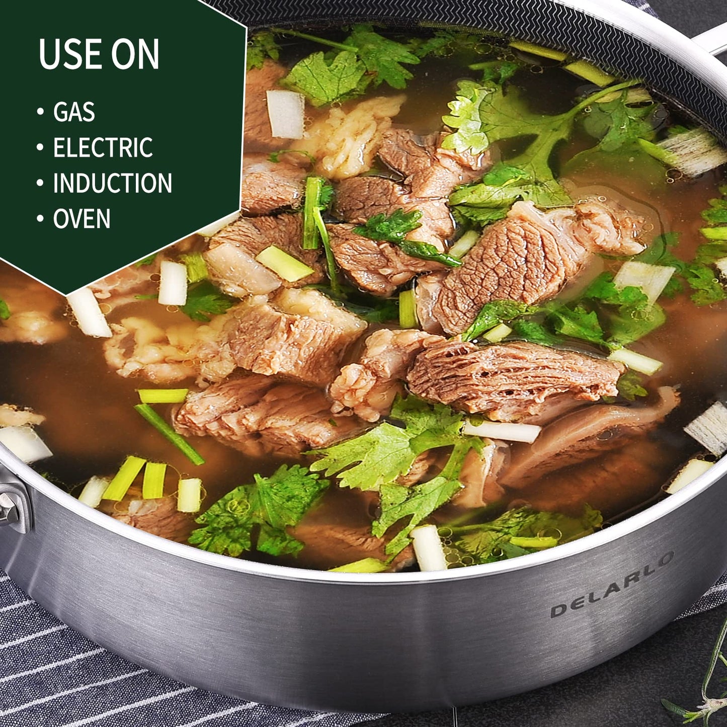 DELARLO Frying Pan,12 inch Skillet with lid,Tri-Ply Stainless Steel Saute Pan 6QT,Dishwasher-Friendly,Stay-Cool Handles,Oven-Safe Up to 660℉