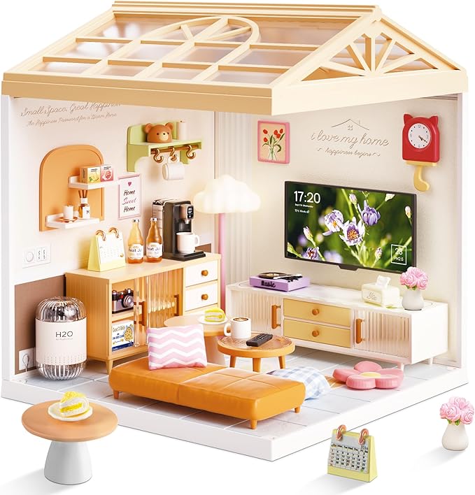 DIY Miniature House Kit for Adults LED Living Room Dollhouse Kit with Furniture &amp Roof Creative Building Toy for Mini Figures Adult Craft Kits &amp Room Decor Gift