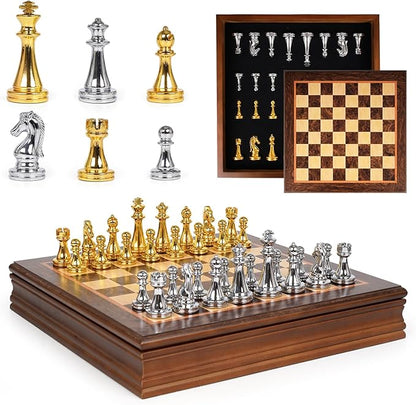 12-Inch Metal Chess Set with Wooden Board for Kids and Adults Gold &amp Silver Chess Pieces with Extra Queens Portable Small Chess Board for Travel Family Game Night Beginners &amp Professional