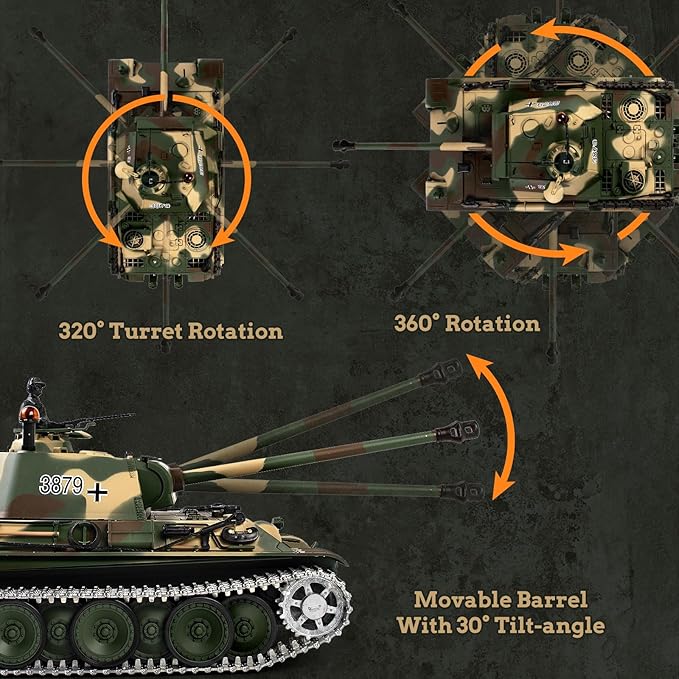 1/16 RC Tank Heng Long German Panther Type G RC Battle Army Toy with Smoke Sound Lights 2.4G Remote Control Tank That Shoot with Upgraded Metal Tracks Idler and Sprocket Wheel Steel Gearbox