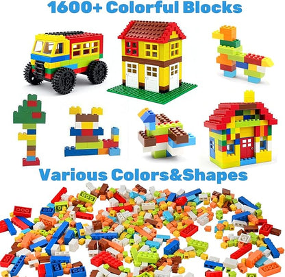 1600 PCS Building Bricks Set Classic Bulk Building Blocks Compatible with All Major Brands Includes 3 Baseplates 53 Wheels Doors Windows Accessories Creative STEM Construction Toy Gift for Kids