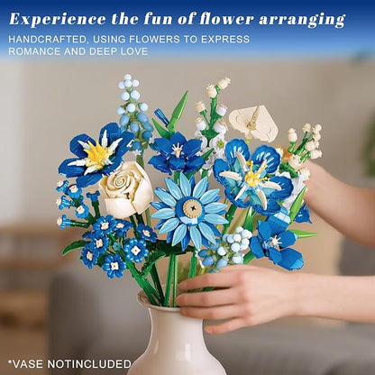 Blue Flower Bouquet Building Set Compatible with Lego Flowers for Adults Artificial Botanical Collection Kit for Valentines Day Mother's Gifts Home Room Desk Shelf Decor