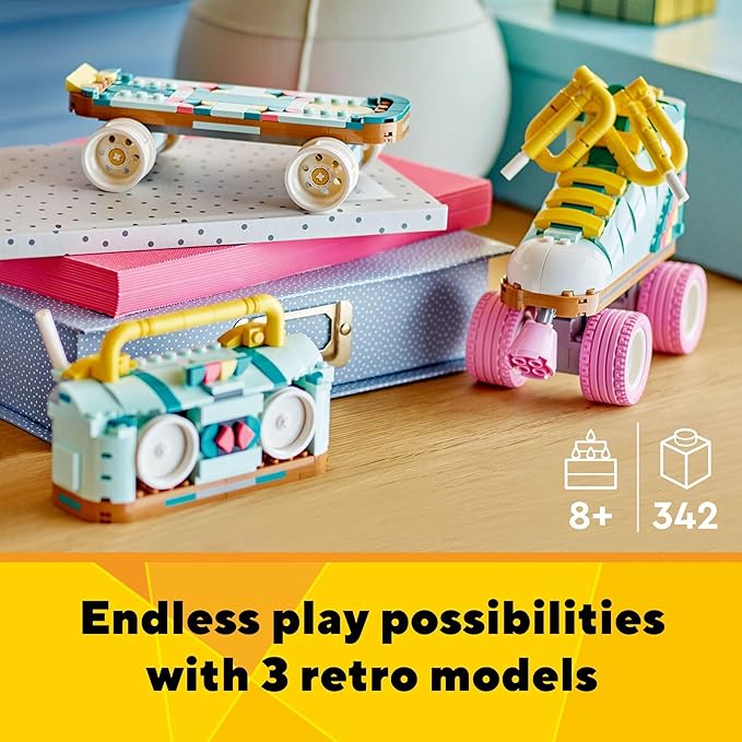 LEGO Creator 3 in 1 Retro Roller Skate Building Kit Transforms from Roller Skate Toy to Mini Skateboard to Boom Box Radio Birthday Gift for Skaters Cool Toy for Boys and Girls Ages 8 and Up 31148