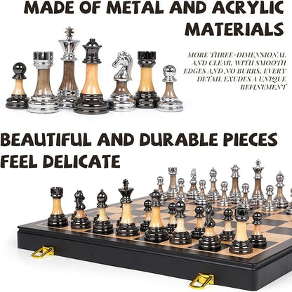 Luxury Large Metal &amp Acrylic Chess Set with Wooden Chess Board (17”) – Weighted Chess Pieces with 3.5” King Foldable Tournament Chess Set for Adults &amp Kids Professional Chess Game Set