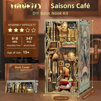 Book Nook Kit DIY Miniature Dollhouse Kit 3D Puzzles for Adults Tiny House Mini Home Craft Bookshelf Nook Puzzle Book Decor Gifts for Teenagers Book Lovers (Saisons Café)
