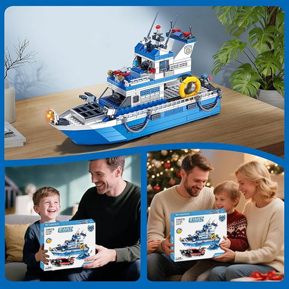 Police Boat Building Set 480 Pcs City Boat STEM Building Toy Including Kayaks and Police Speedboats Toy Christmas Birthday Gift for Kids Boys Girls 6 7 8 9 10+