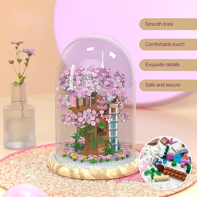 Cherry Blossom Bonsai Tree House Building Flowers Set for Adults 1382 Pcs Micro-Particle Ideas Sakura Tree Building Blocks Complete with String Lights Dust Cover and Wooden Base