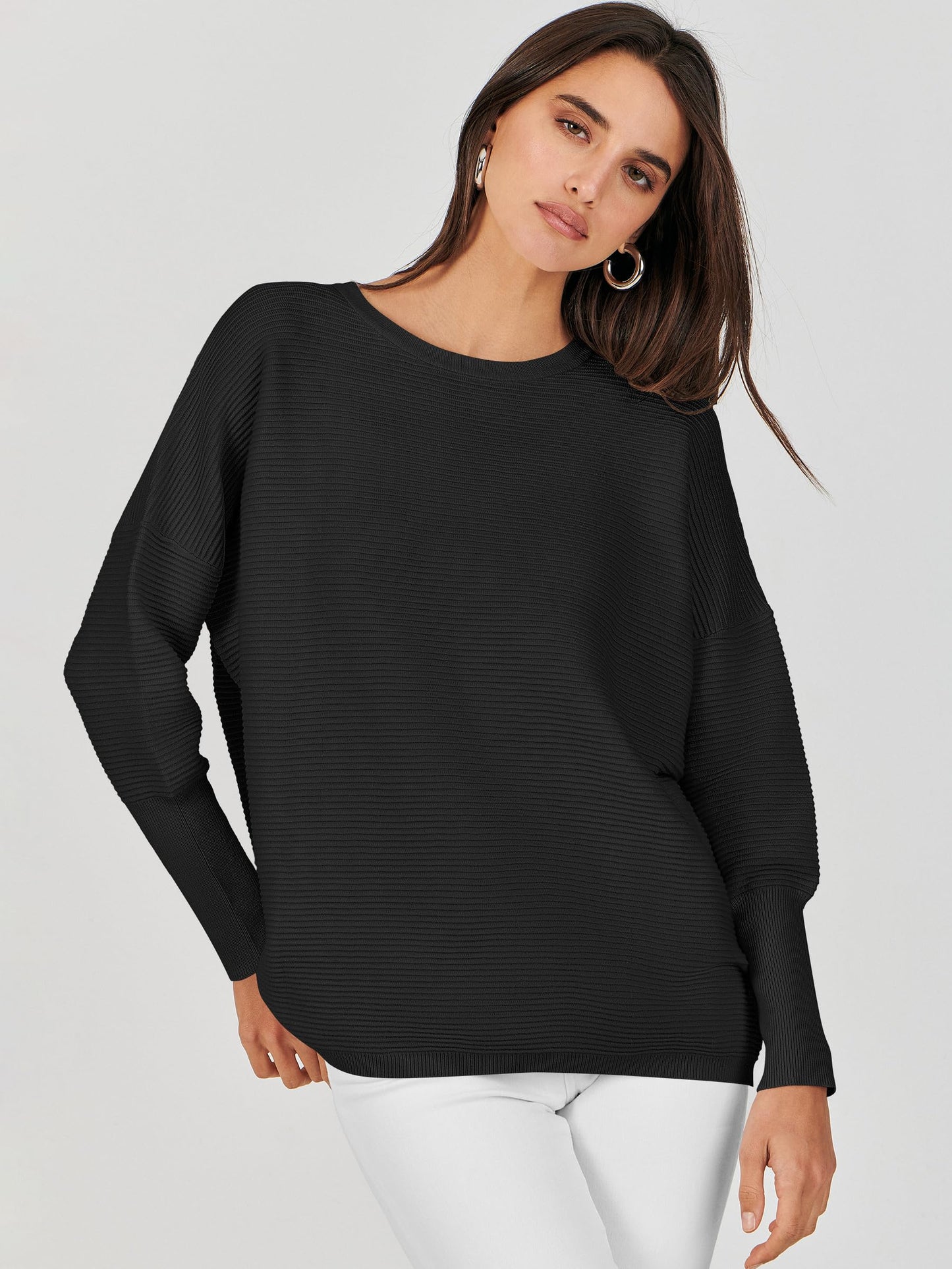 ANRABESS Womens Oversized Batwing Long Sleeve Ribbed Knit Sweaters 2025 Fall Outfits