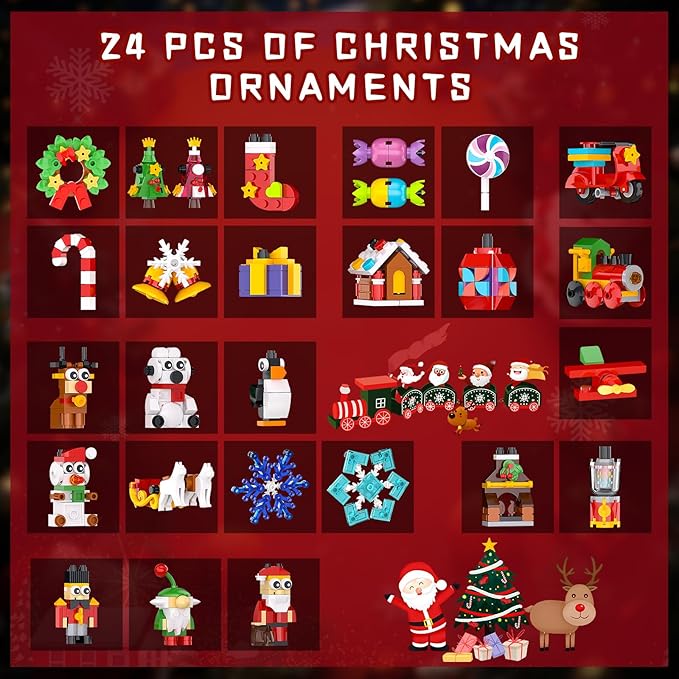Christmas Ornaments Advent Calendar 2025 Building Block Sets 24 Packs Xmas Tree Ornament to Build Holiday Decoration Toy Compatible with Christmas Sets Stocking Stuffer Gift for Boy Girl Age 6+