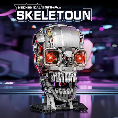 1099PCS Mechanical Skull Building Block Set3D Poseable Model with LED Light Movable Linkage Gears Display Stand STEM Toys Gift for Kids &amp Adults Perfect for Horror Fans &amp Gothic Room Decor