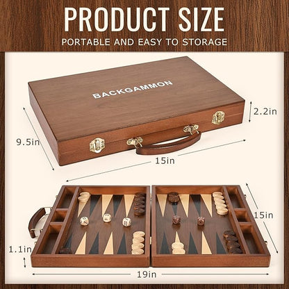 ropoda Sapele Wood Backgammon Board Game Set (15 Inches) for Adults and Kids - Classic Board Strategy Game - Portable and Travel Backgammon Set with Wooden Playing Pieces and Accessories