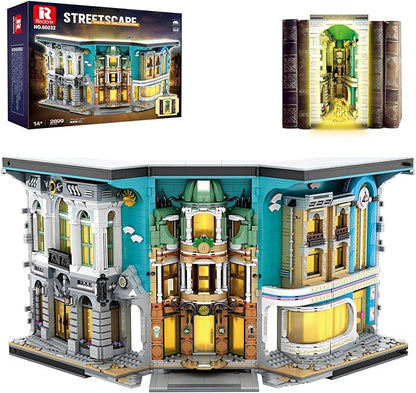 Reobrix Book Nook Building with Light Streetscape BookNook Building Kit 66032 for Bookshelf&ampHome Decor 2899 PCS Bookend Model Toy Gift for Adults 14+