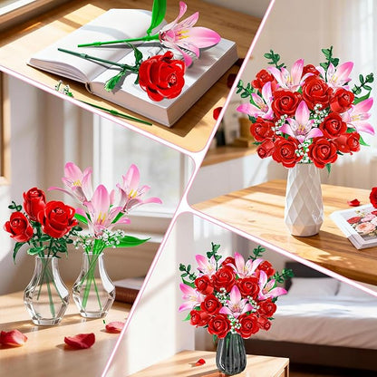 Rose Flower Bouquet Building Set with LED - Red Rose Botanical Collection Building Block Set for Adults Pink Lilies Artificial Plant for Home Decor Easter Gifts for Her Women Girls