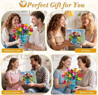 Flowers Bouquet Building Set with Vase - Tulips Bonsai Building Block for Adults Easter Gift for Her/Wife/Mom/Girlfriend 768PCS Artificial Plant Botanical Collection for Home Decor