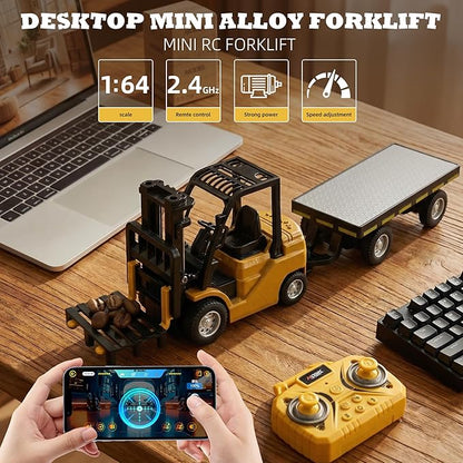 RC Mini Liftable Forklift Toy 1:64 Construction Fork Truck Movable Forks - Scale Mini Remote Control Vehicle Model for Kids Adult Collection &amp Desk Decoration- Yellow