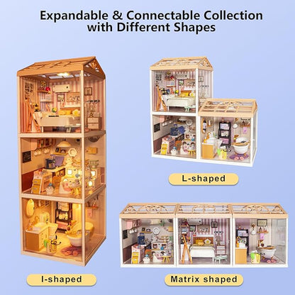 DIY Miniature House Kit with LED Lights Whimsical Cat Cafe Miniature Kit with Roof &amp Dust Covers for Teens DIY Coffee Shop with Cats &amp Furniture Creative Christmas Decoration Gift Idea