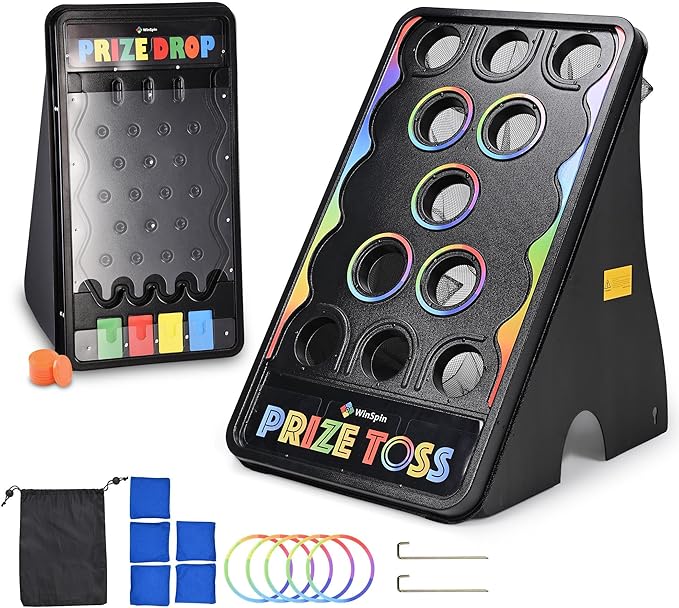 WinSpin Mini 25x14 Prize Drop Board &amp 41x25 Bean Bag Toss Game Foldable Stand with 8 Playing Pucks &amp 5 Bean Bags for Carnival Events