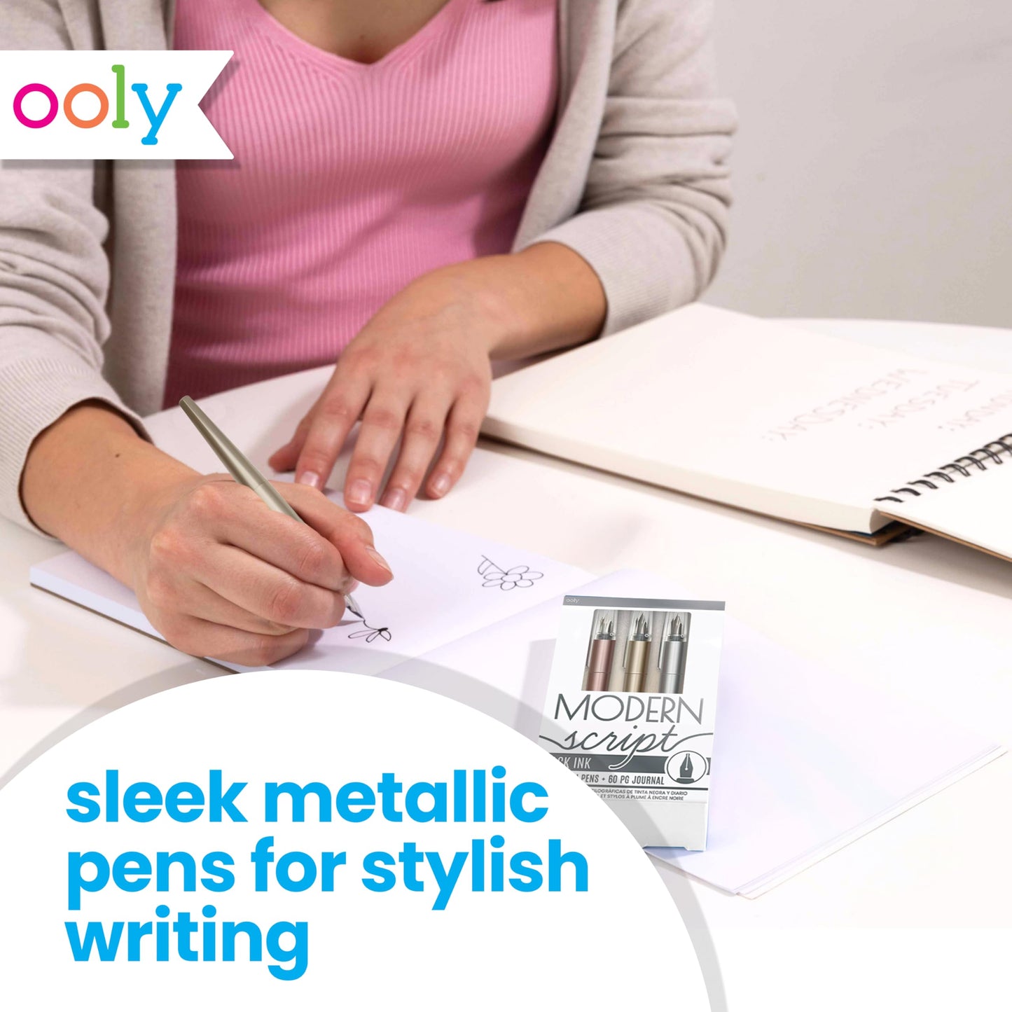 Ooly Modern Script Set - 3 Black Ink Fountain Pens with a 60 Page Journal, Pens are in Metallic Gold, Rose Gold and Silver, Refillable Cartridges - Back to School Supplies