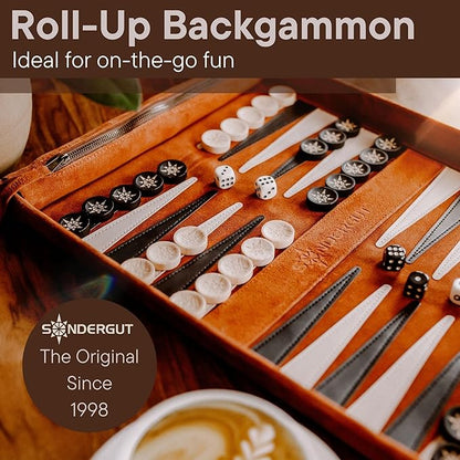Sondergut Roll-up Portable Suede Deluxe Backgammon Game Set- Elegant Design Engraved Wood Stones Pop-Up Playing Field - Ideal for RV Travel Cruise Airplane Camping Backpacking Road Trips Etc.