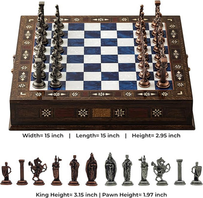 15” Handmade Wooden Storage Chess Set – Handmade Wooden Chess Board with Metal Pieces – Luxury Chess Gift for Adults Decorative &amp Collectible (Blue)